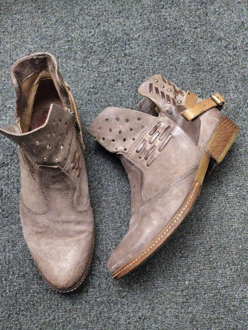 A.S.98 Taupe Suede Perforated Ankle Booties with Buckle
